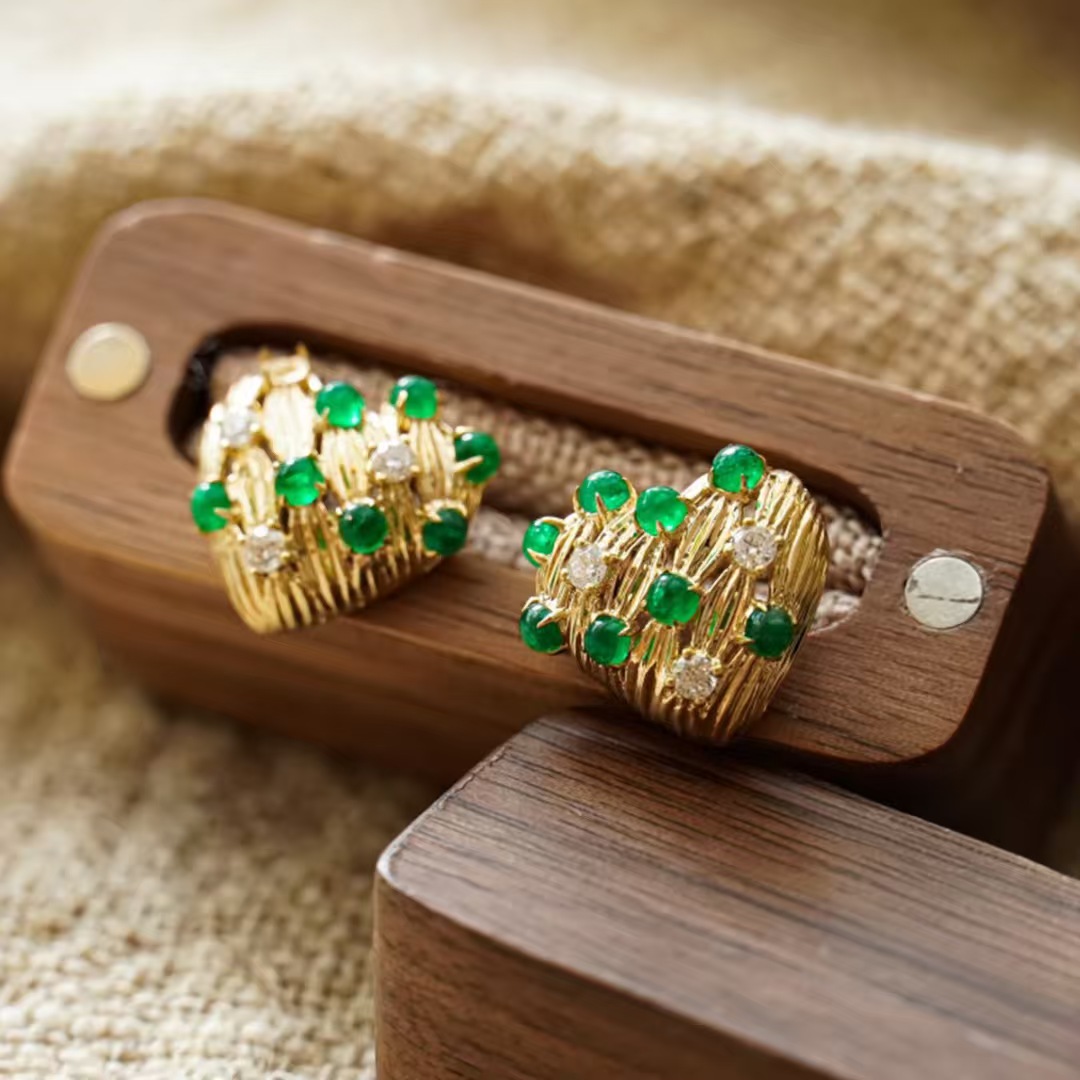 Vintage Fashion Eras - Retro14K ゴールド充填エメラルドドロップダングルイヤリングファッショングリーン宝石マット耳スタッドビクトリア朝時代ヴィンテージシルバージュエリー