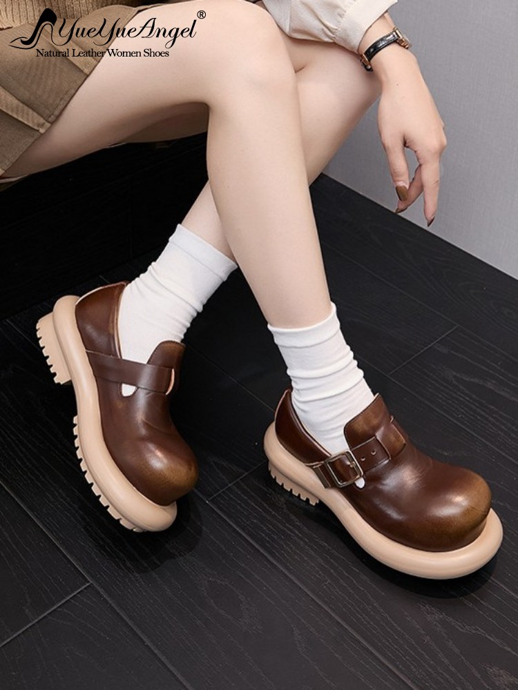 Vintage Fashion Mens - 英国風ヴィンテージ牛革本革ダービーシューズ レディース プラットフォームパンプス ラウンドトゥ バックル付き 通気性のあるレディースカジュアルシューズ
