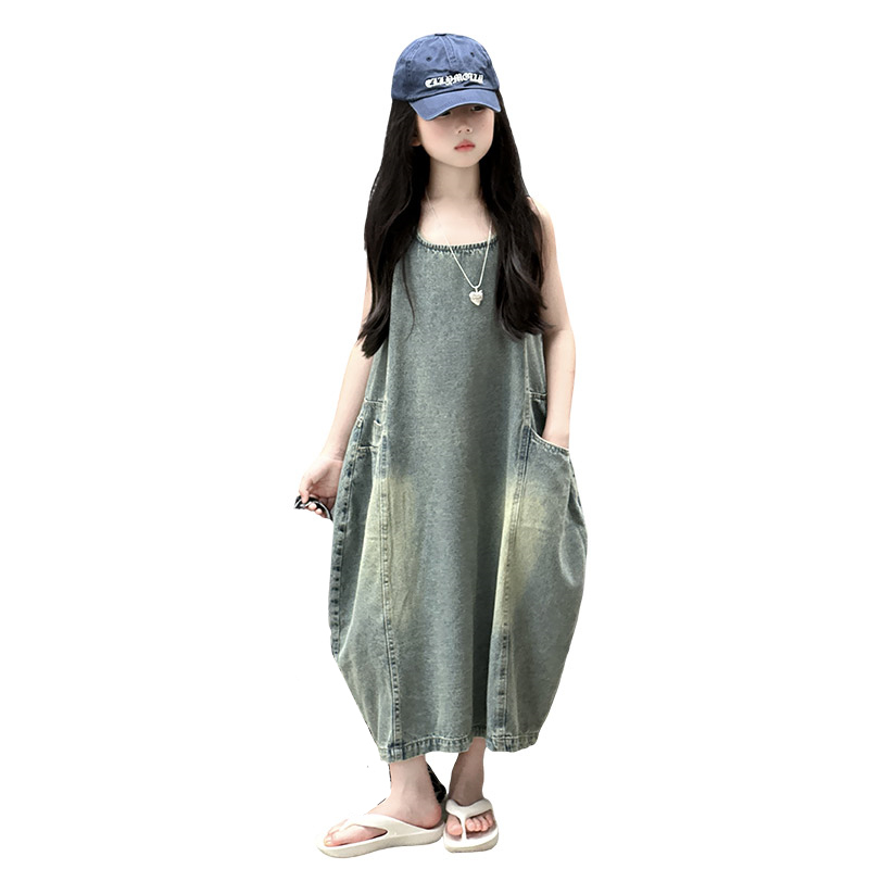 Vintage Fashion Streetwear - ヴィンテージブルー子供女の子高品質ノースリーブデニムドレスストリート衣装ファッション夏の子供の高級ジーンズ服