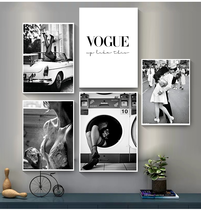 Vintage Vogue Fashion Poster - 女性の写真リビングルーム用ヴィンテージファッションホームデコファッションポスター壁アートプリント黒と白のキャンバス絵画香水