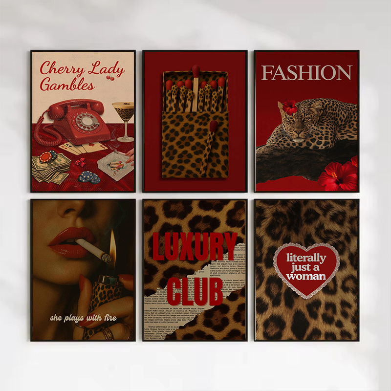 Vintage Vogue Fashion Poster - ファッションヒョウマッチ箱ウォールアートポスターヴィンテージガーリープリントキャンバス絵画高級レトロ赤い絵画バー家の装飾用