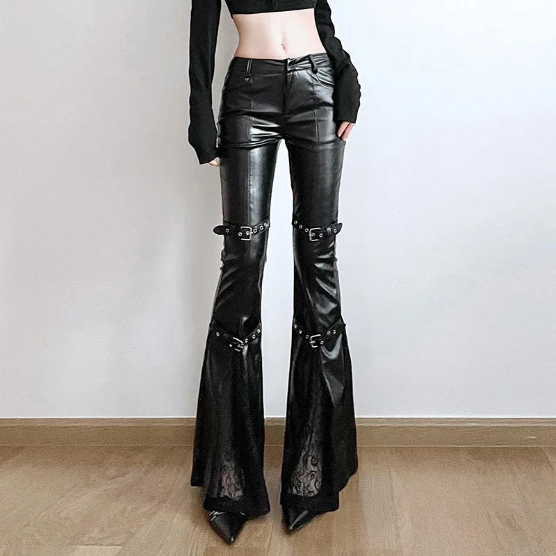 Vintage Fashion Streetwear - レディース PU レザー フレア パンツ、ゴシック バックル、レース