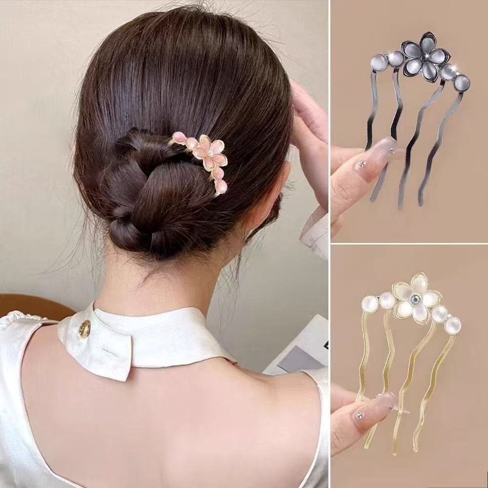 Vintage Fashion Shop - 1/3 個のエレガントな花柄メタルパールジェムアクセントヴィンテージ風ヘアスティック繊細なタッチを加えるのに最適、プリンセススタイルに見えます