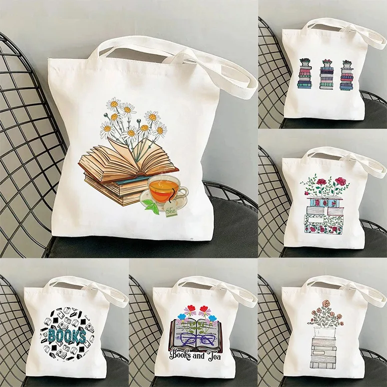 ブック花柄キャンバストートバッグ女性用ワイルドフラワーと本シ - Vintage Fashion Shop のレビューと価格